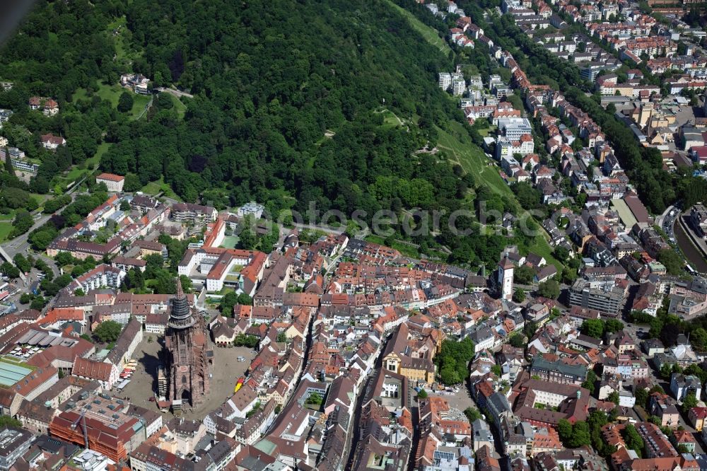 Freiburg im Breisgau from above - Church building of the cathedral of Freiburger Muenster on Muensterplatz in Freiburg im Breisgau in the state Baden-Wuerttemberg