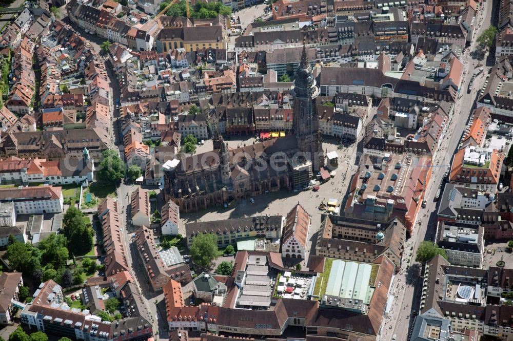 Freiburg im Breisgau from above - Church building of the cathedral of Freiburger Muenster on Muensterplatz in Freiburg im Breisgau in the state Baden-Wuerttemberg