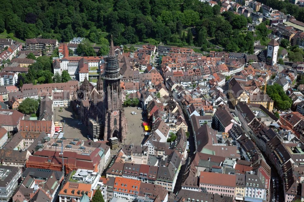 Freiburg im Breisgau from above - Church building of the cathedral of Freiburger Muenster on Muensterplatz in Freiburg im Breisgau in the state Baden-Wuerttemberg