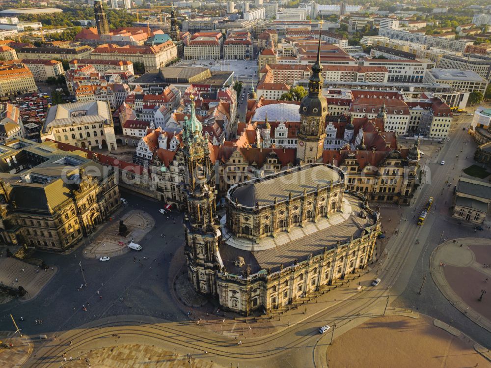 Dresden from above - Church building of the cathedral of Kathedrale Sanctissimae Trinitatis -Dresdner Hofkirche on street Schlossstrasse in the district Altstadt in Dresden in the state Saxony, Germany