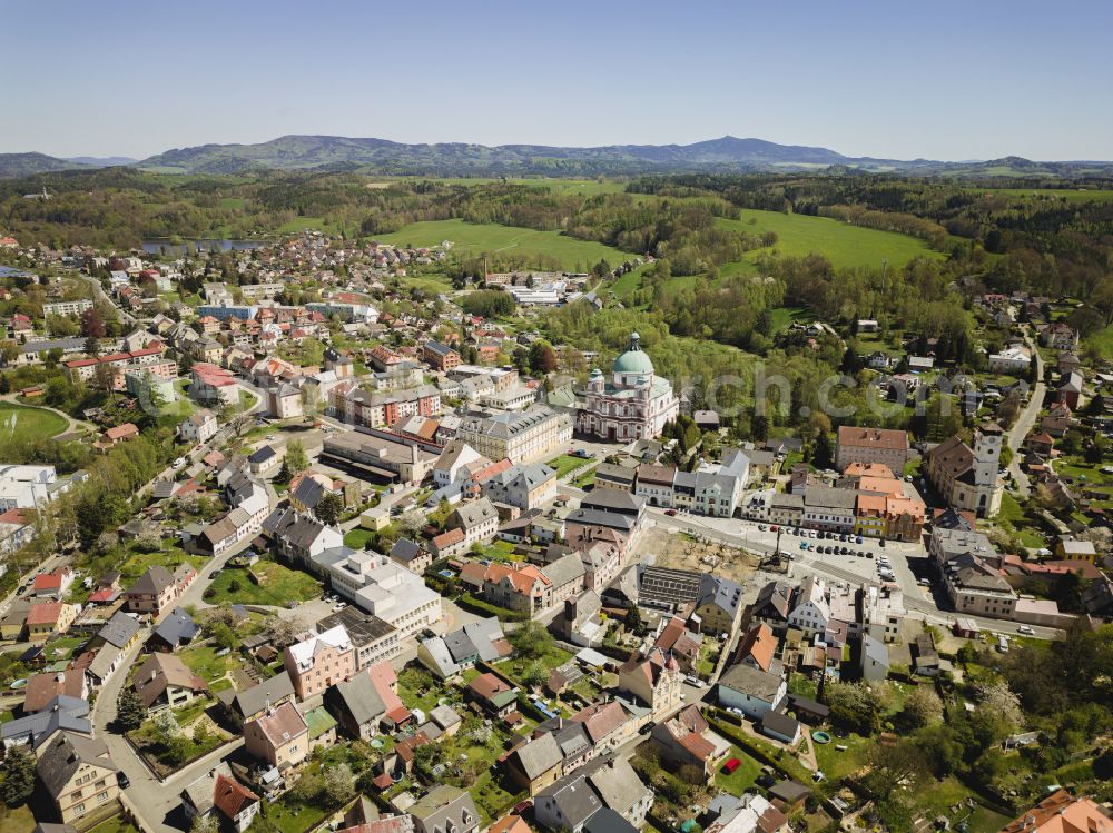 Gabel from above - Church building of the cathedral of St. Laurentius on street Klasterni in Gabel in Liberecky kraj - Reichenberger Region, Czech Republic