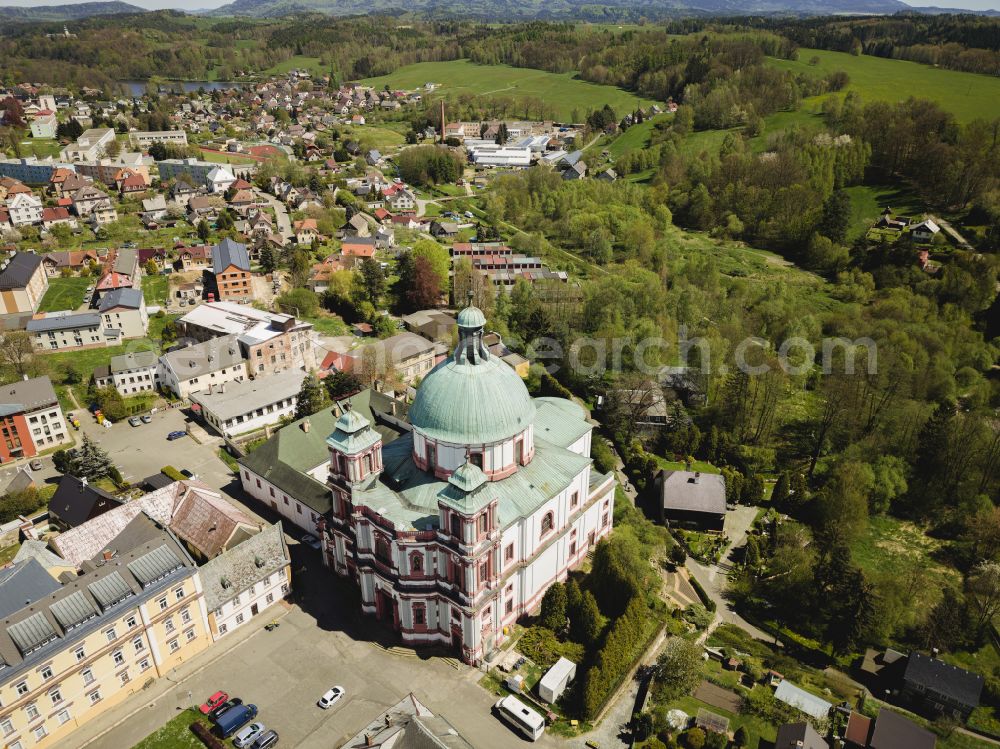 Gabel from the bird's eye view: Church building of the cathedral of St. Laurentius on street Klasterni in Gabel in Liberecky kraj - Reichenberger Region, Czech Republic