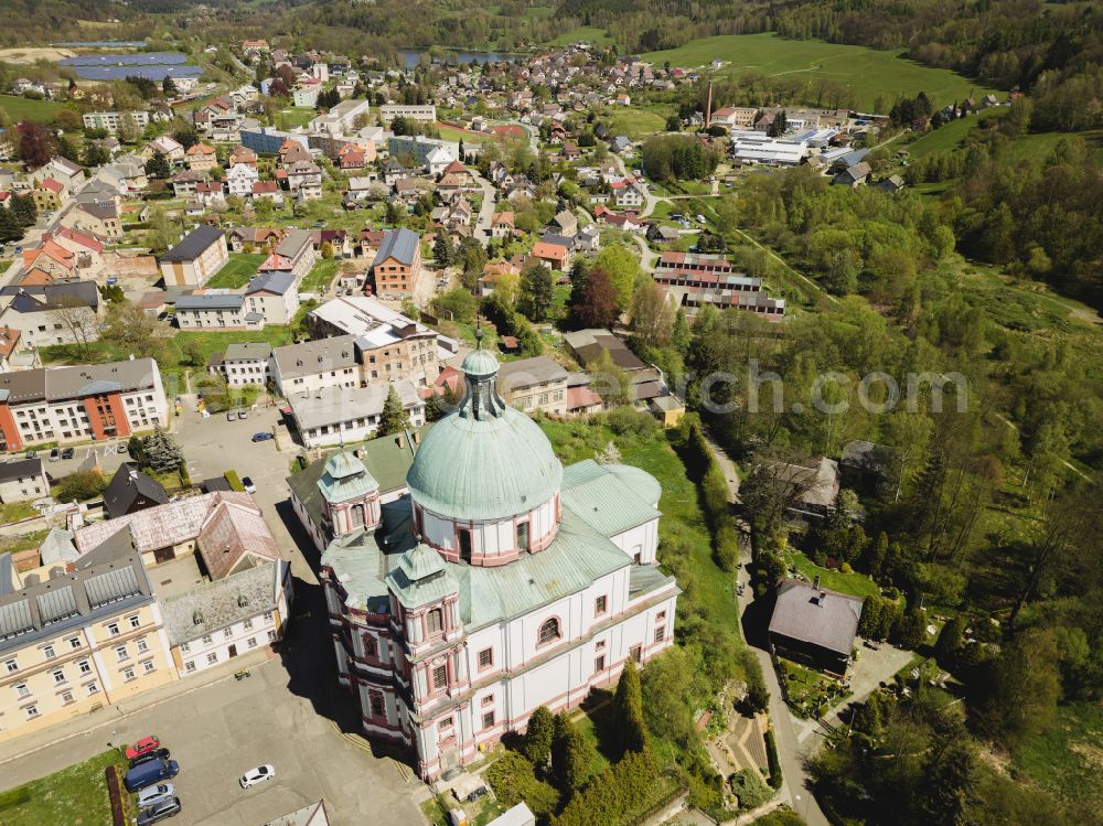 Aerial image Gabel - Church building of the cathedral of St. Laurentius on street Klasterni in Gabel in Liberecky kraj - Reichenberger Region, Czech Republic