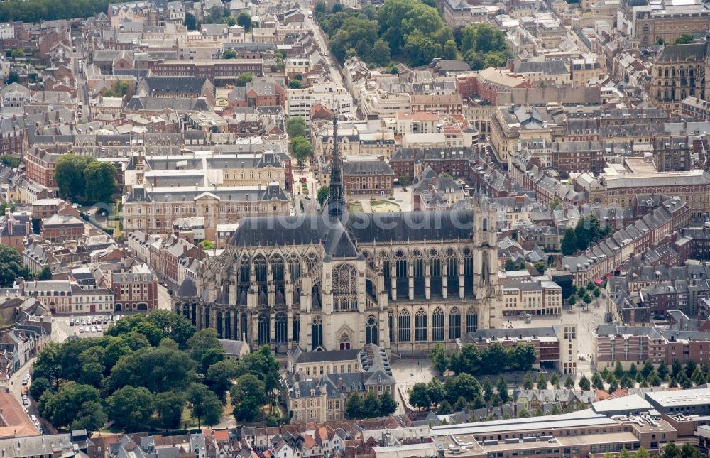 Aerial image Amiens - Church building of the cathedral of Notre Dame in Amiens in Hauts-de-France, France