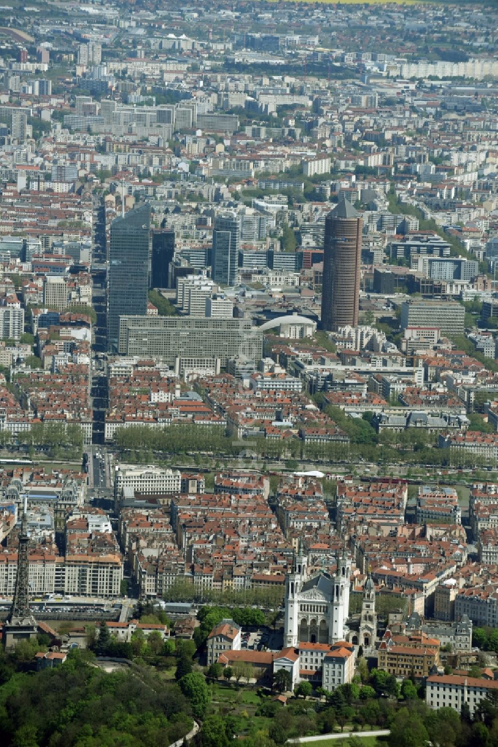 Lyon from above - Church building of the cathedral of Notre-Dame de Fourviere Place de Fourvière in Lyon in Auvergne Rhone-Alpes, France