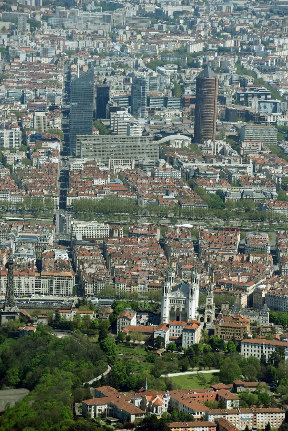 Lyon from the bird's eye view: Church building of the cathedral of Notre-Dame de Fourviere Place de Fourvière in Lyon in Auvergne Rhone-Alpes, France