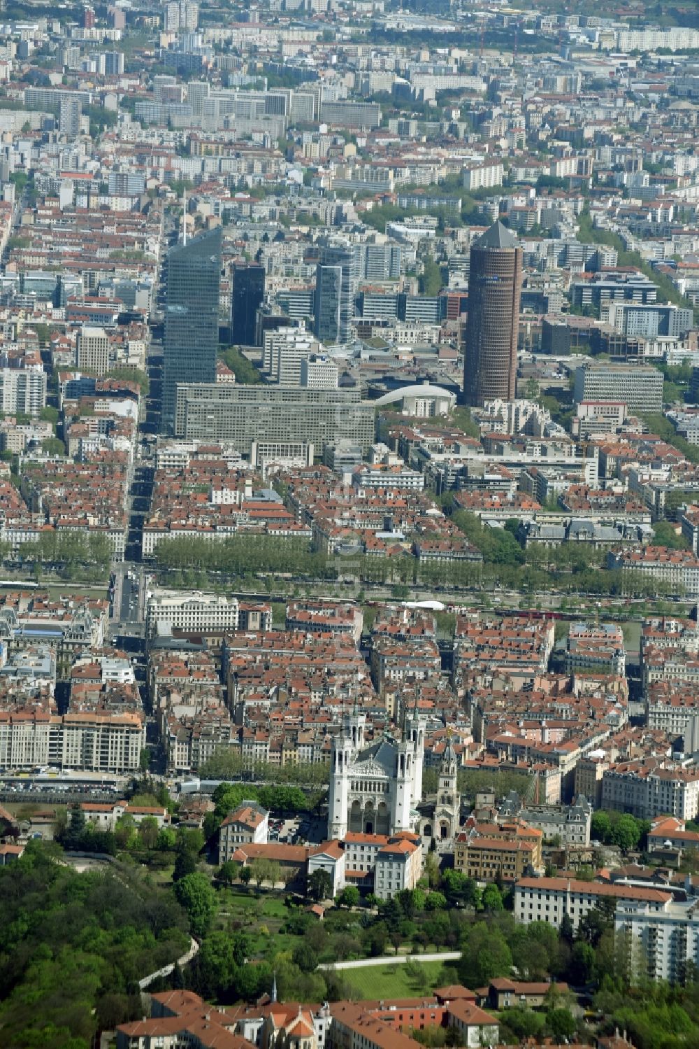 Aerial image Lyon - Church building of the cathedral of Notre-Dame de Fourviere Place de Fourvière in Lyon in Auvergne Rhone-Alpes, France