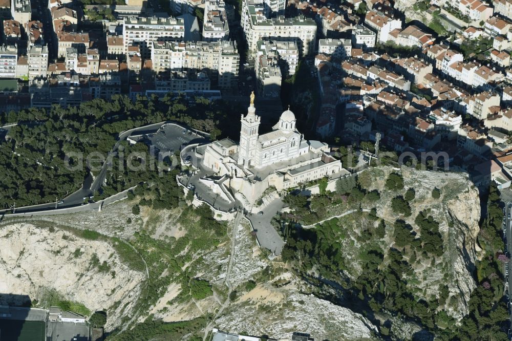 Aerial image Marseille - Church building of the cathedral of Notre-Dame-de-la-Garde on Rue Fort du Sanctuaire in Marseille in Provence-Alpes-Cote d'Azur, France