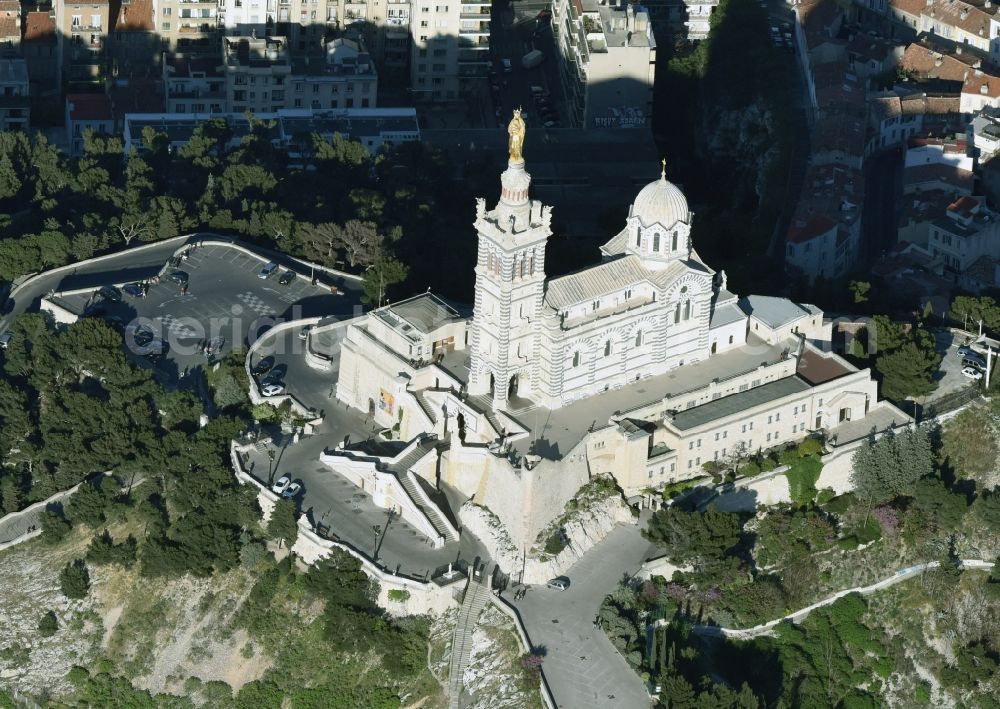 Marseille from above - Church building of the cathedral of Notre-Dame-de-la-Garde on Rue Fort du Sanctuaire in Marseille in Provence-Alpes-Cote d'Azur, France