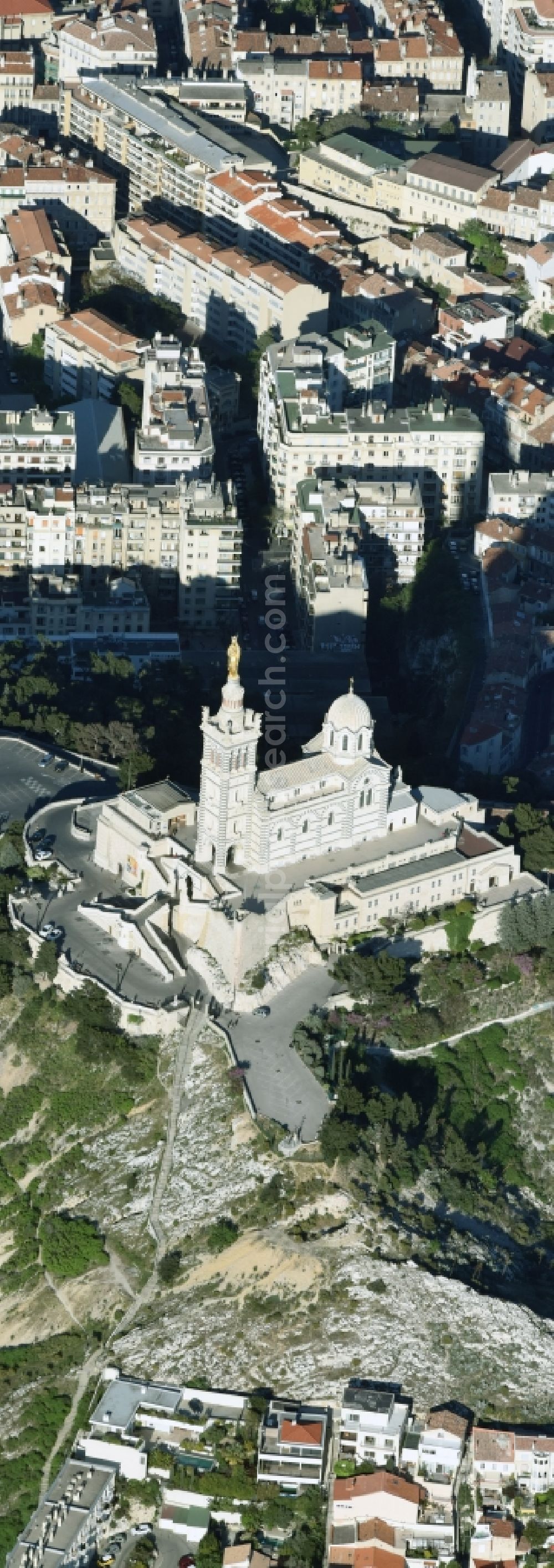 Marseille from the bird's eye view: Church building of the cathedral of Notre-Dame-de-la-Garde on Rue Fort du Sanctuaire in Marseille in Provence-Alpes-Cote d'Azur, France