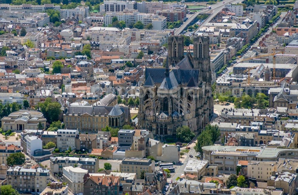 Aerial image Reims - Church building of the cathedral of Notre Dame in Reims in Grand Est, France