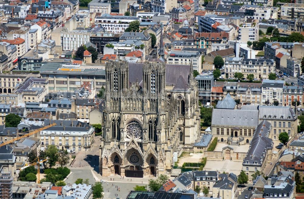 Reims from above - Church building of the cathedral of Notre Dame in Reims in Grand Est, France