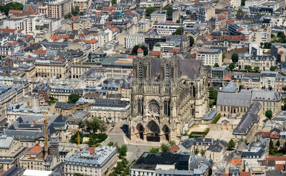 Reims from the bird's eye view: Church building of the cathedral of Notre Dame in Reims in Grand Est, France