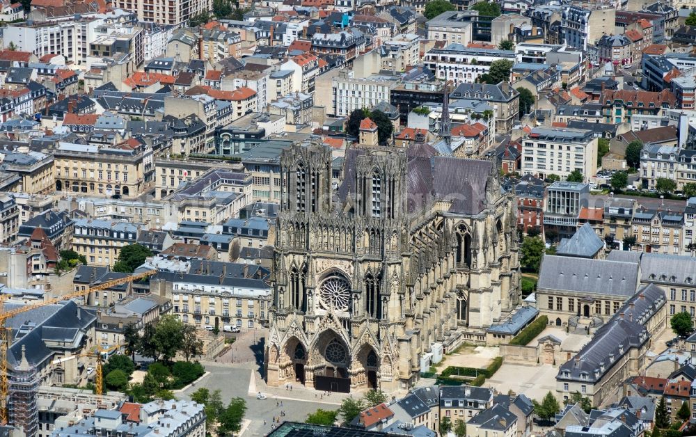 Aerial image Reims - Church building of the cathedral of Notre Dame in Reims in Grand Est, France