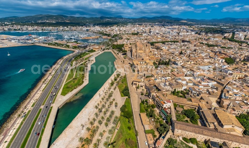 Aerial image Palma - Church building of the cathedral of on Placa de la Seu in center of Palma in Balearic island of Mallorca, Spain