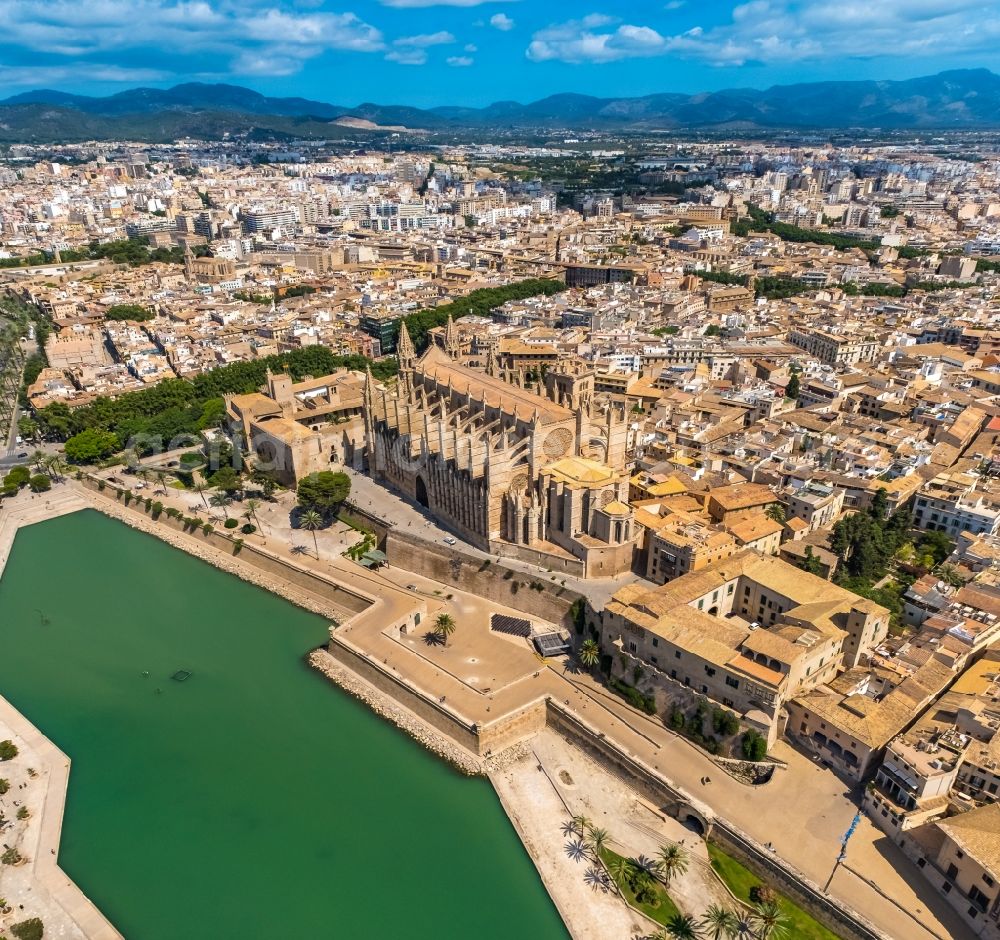 Palma from above - Church building of the cathedral of on Placa de la Seu in center of Palma in Balearic island of Mallorca, Spain