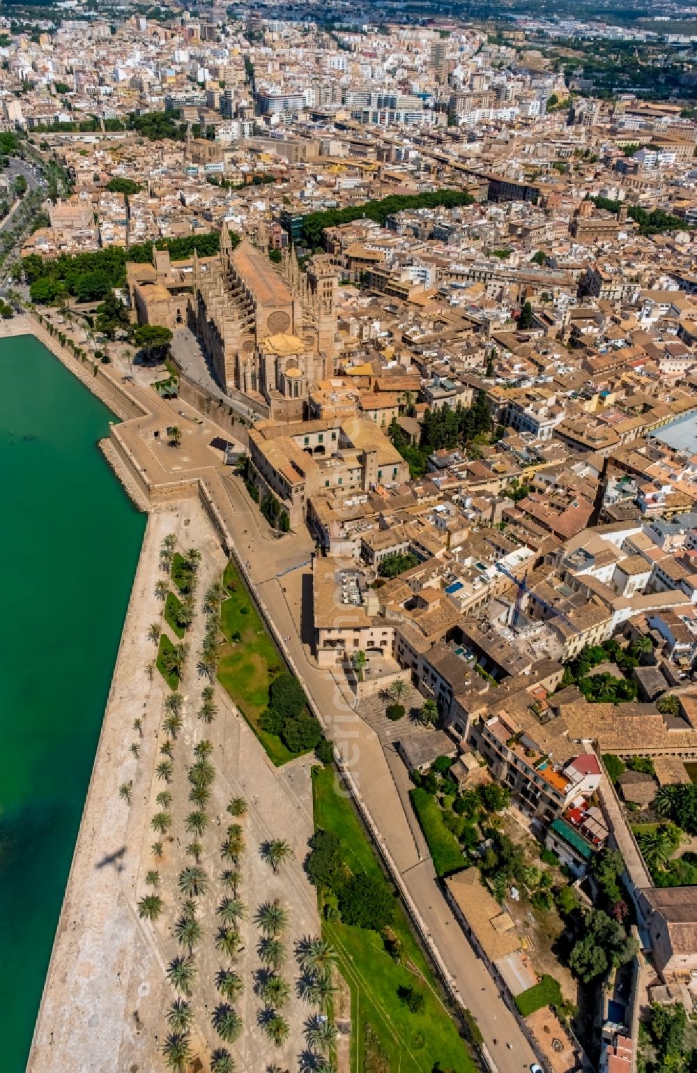 Palma from the bird's eye view: Church building of the cathedral of on Placa de la Seu in center of Palma in Balearic island of Mallorca, Spain