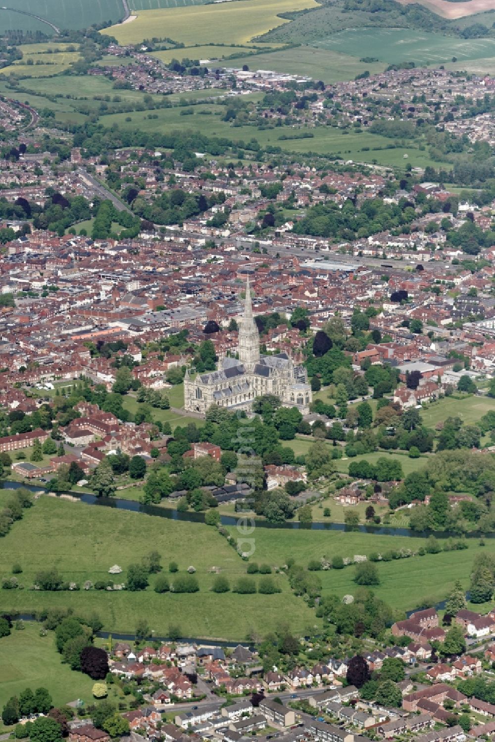 Salisbury from above - Church building of the cathedral of in Salisbury in United Kingdom