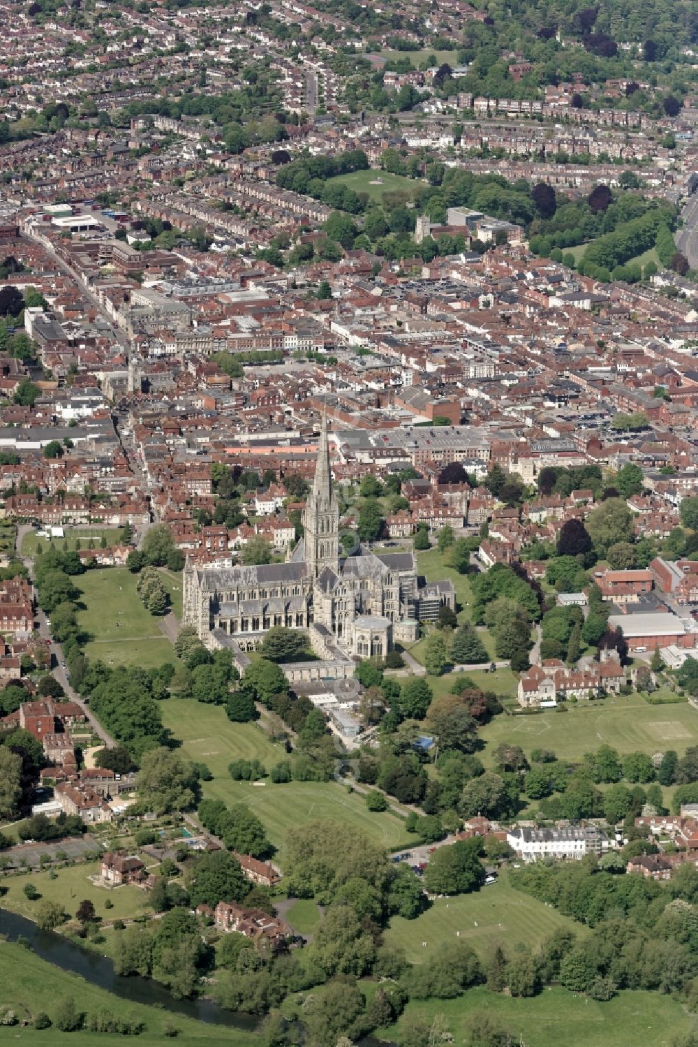 Salisbury from above - Church building of the cathedral of in Salisbury in United Kingdom