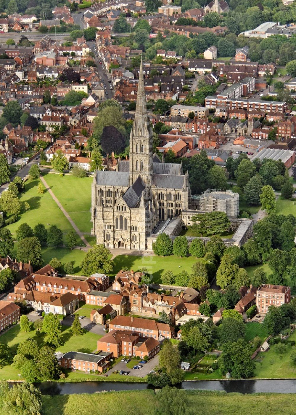 Salisbury from above - Church building of the cathedral of in Salisbury in United Kingdom