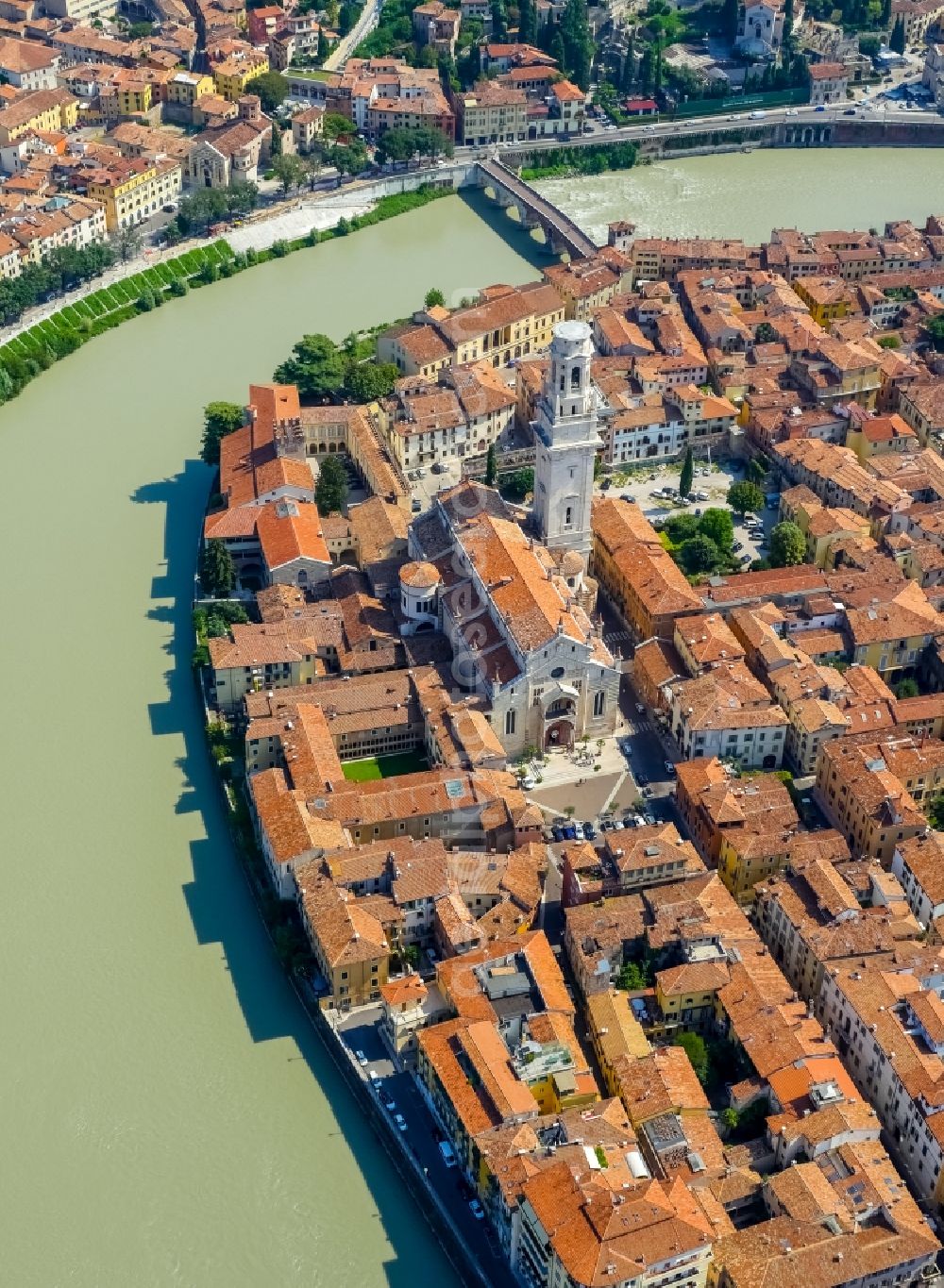 Aerial image Verona - Church building of the cathedral of Santa Maria Matricolare in Verona in Veneto, Italy