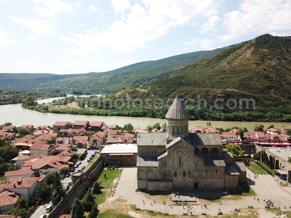 Mtskheta from the bird's eye view: Church building of the cathedral of Swetizchoweli in Mtskheta in Mtskheta-Mtianeti, Georgia