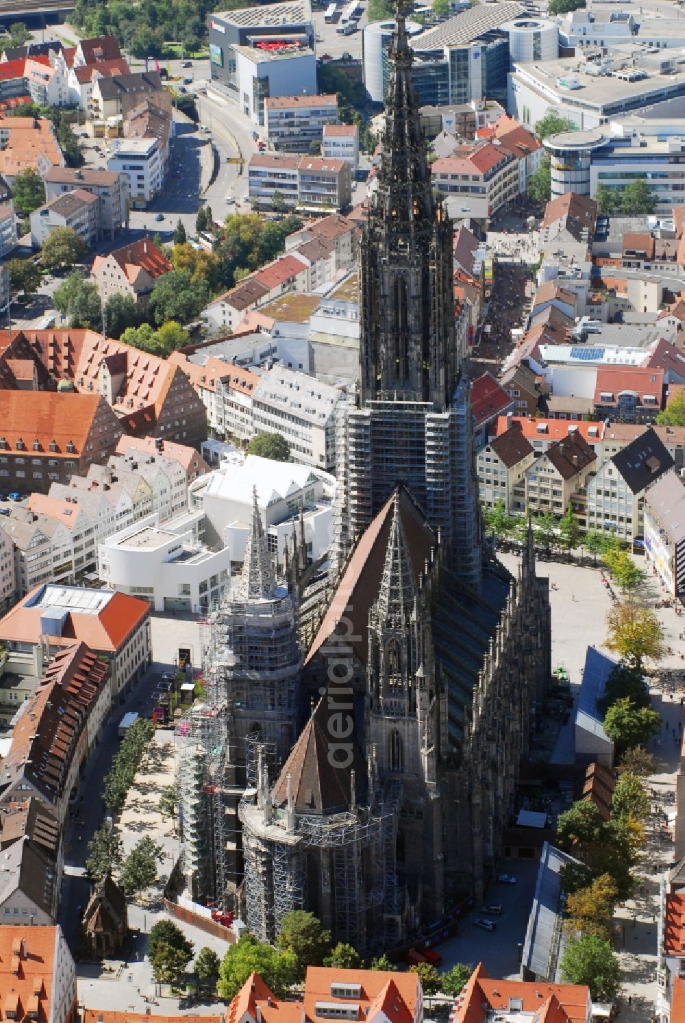 Ulm from above - Church building of the cathedral of Ulmer Muenster on Muensterplatz in Ulm in the state Baden-Wuerttemberg