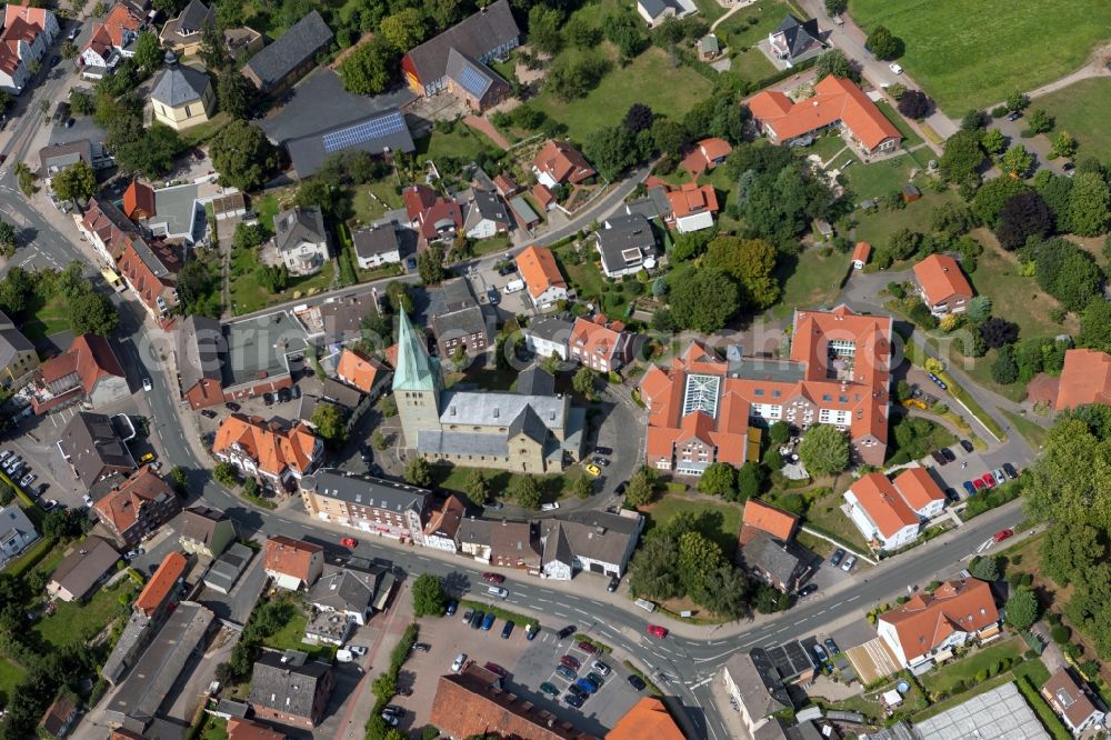 Hamm from above - View of the catholic parish church in Hamm in the state North Rhine-Westphalia. This church is a heritage-protected building in the district Rhynern of Hamm