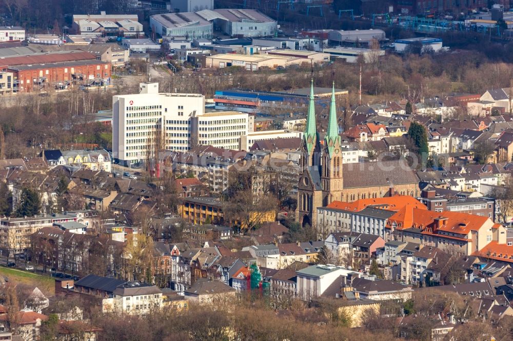 Oberhausen from above - Church building of katholischen Kirchgemeinde St.Marien in the district Marienviertel in Oberhausen in the state North Rhine-Westphalia, Germany