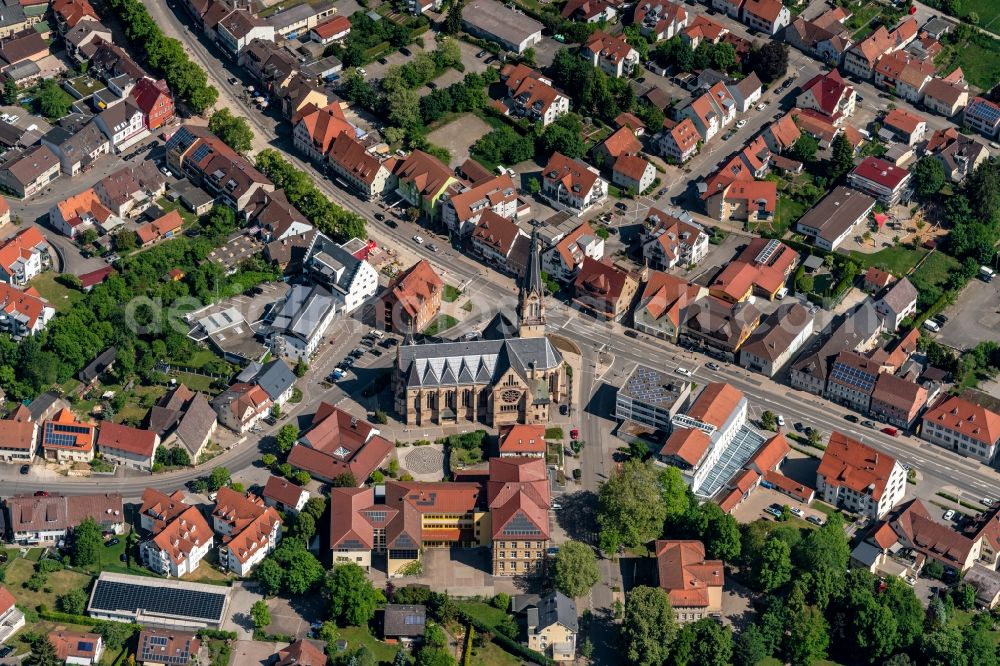 Spaichingen from above - Church building in the village of in Spaichingen in the state Baden-Wuerttemberg, Germany