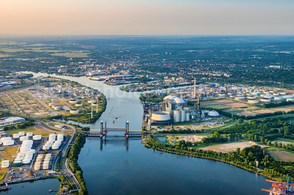 Hamburg from the bird's eye view: Bridge Kattwykbruecke across the Sued- Elbe in Hamburg, Germany. The bridge is located in the port of Hamburg and is being used for rail and road traffic. Kattwykdamm crosses the bridge with its blue tower