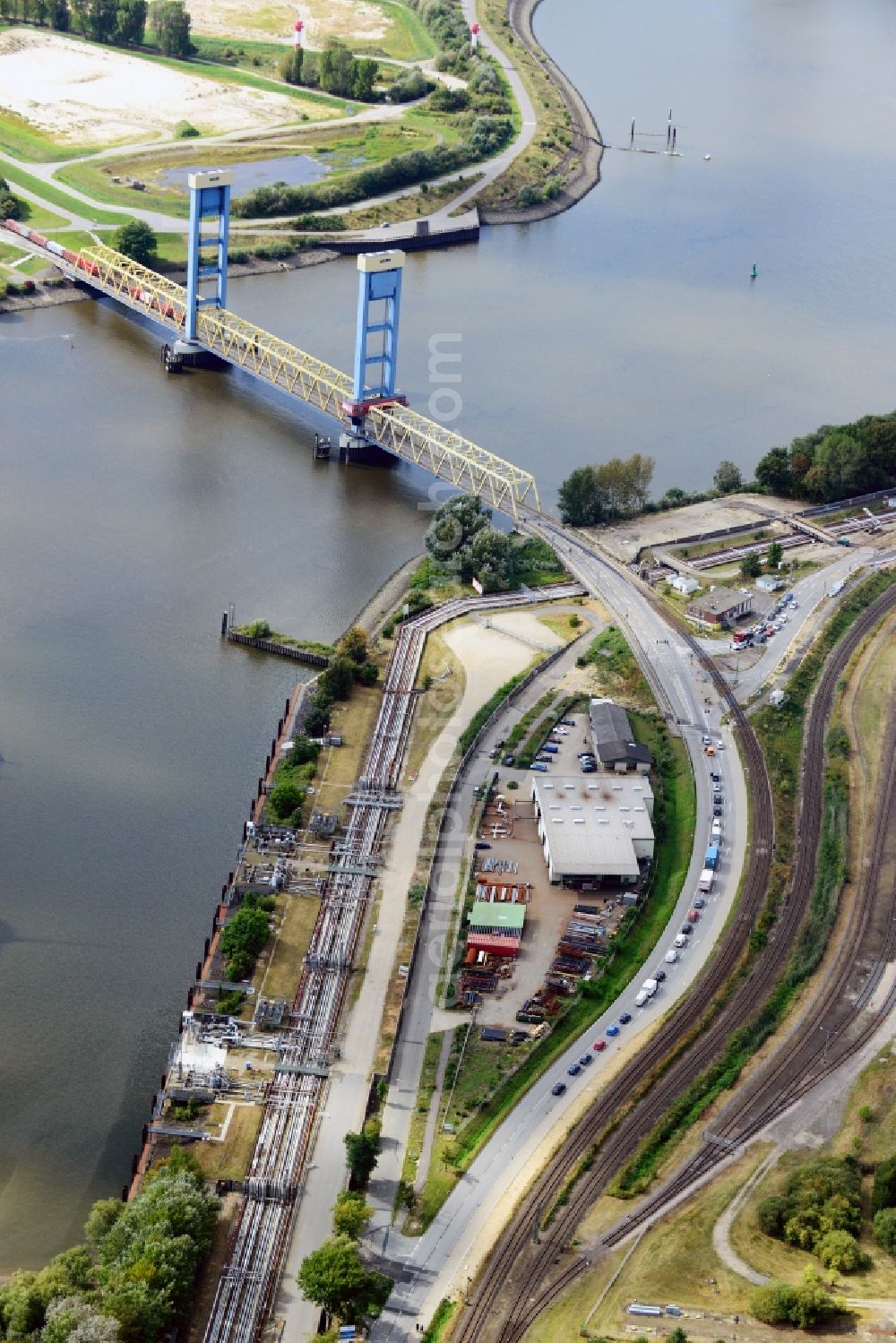 Hamburg from above - Kattwykdamm with Kattwykbridge and ramp in Hamburg-Wilhelmsburg. A project of the Hamburg Port Authority HPA