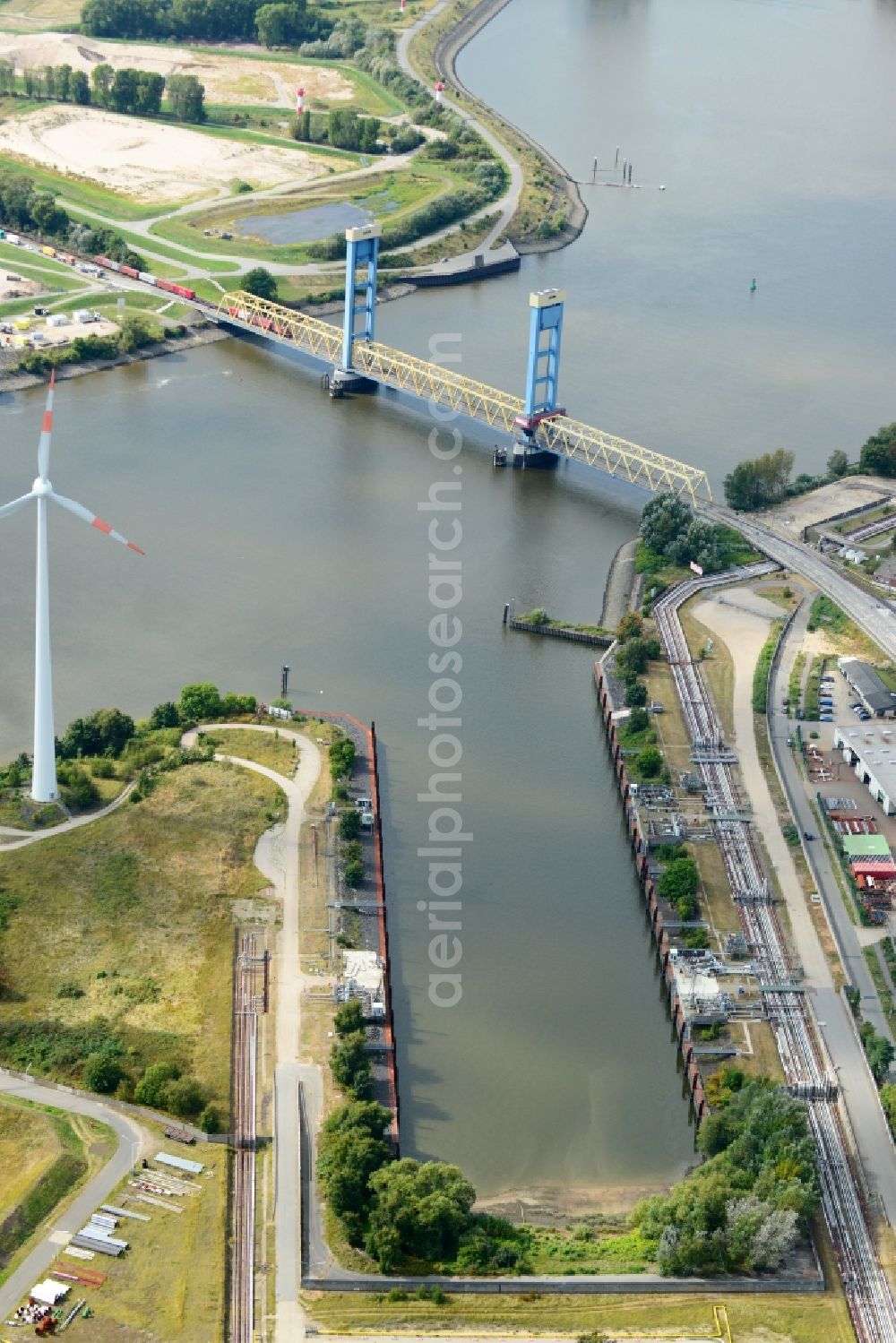 Hamburg from above - Kattwykdamm with Kattwykbridge and ramp in Hamburg-Wilhelmsburg. A project of the Hamburg Port Authority HPA