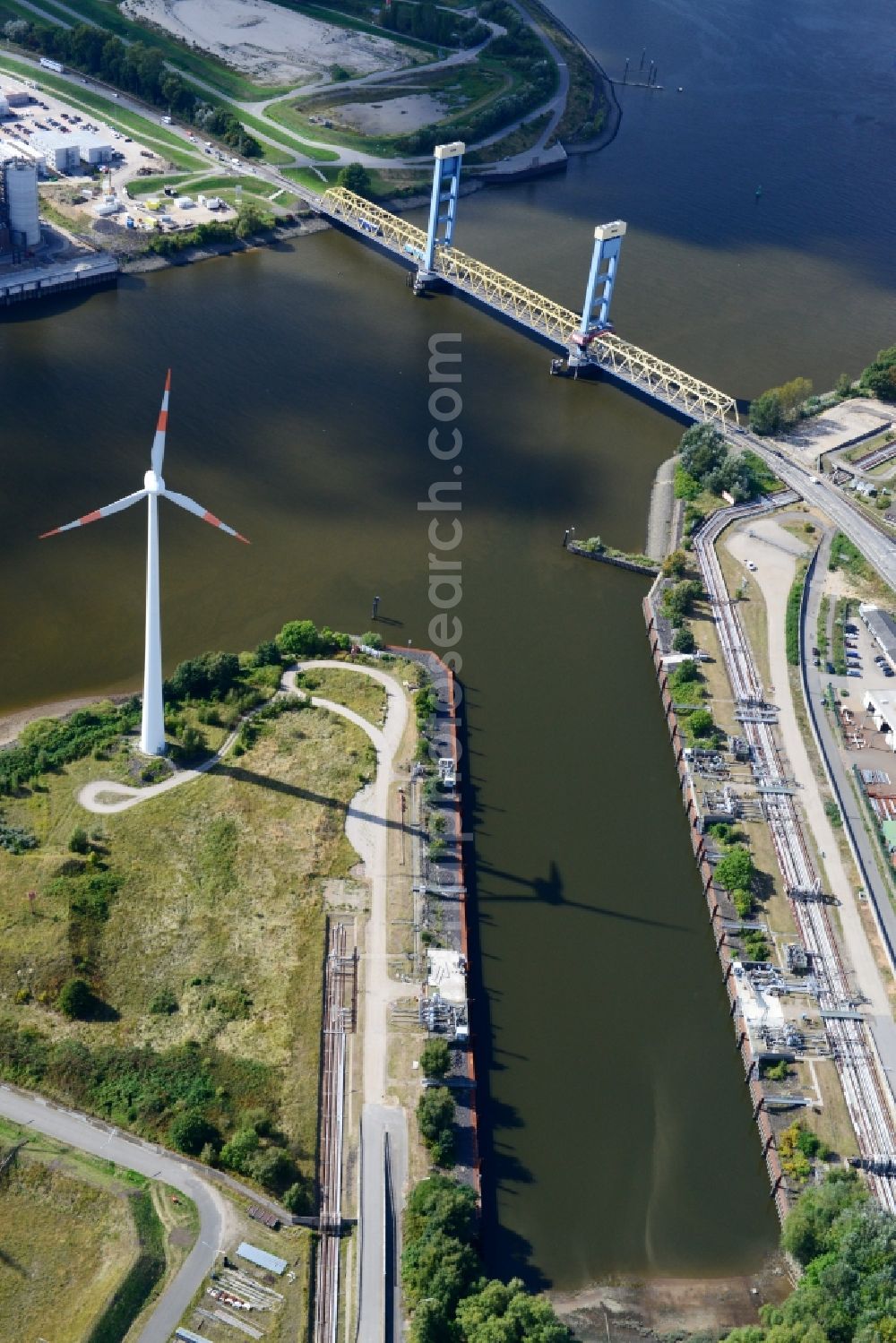 Hamburg from above - Kattwykdamm with Kattwykbridge and ramp in Hamburg-Wilhelmsburg. A project of the Hamburg Port Authority HPA