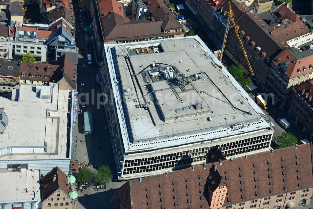 Nürnberg from above - Shopping mall Galeria Kaufhof in the city centre of Nuremberg in the state of Bavaria. The mall is located on the pedestrian areas of Koenigstrasse and Pfannenschmiedgasse in the historic town centre of Nuremberg