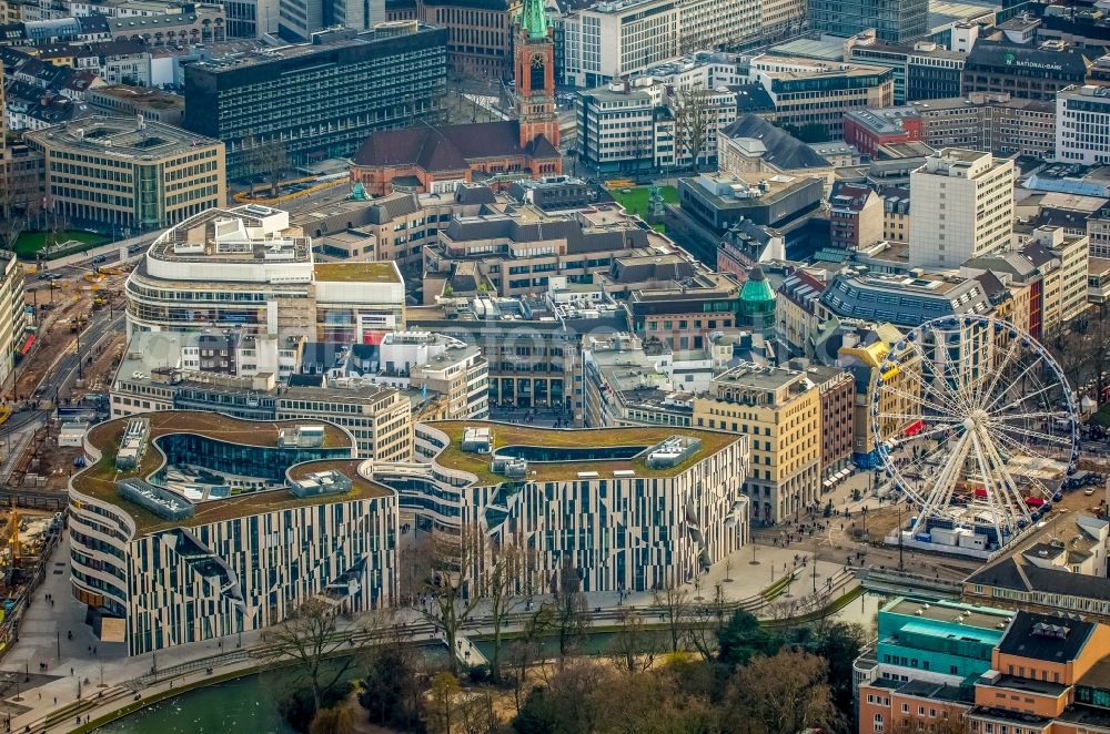 Aerial image Düsseldorf - View of the Koe-Boegen shopping malls on Koenigsallee and the Ferris Wheel on Corneliusplatz in Duesseldorf in the state of North Rhine-Westphalia