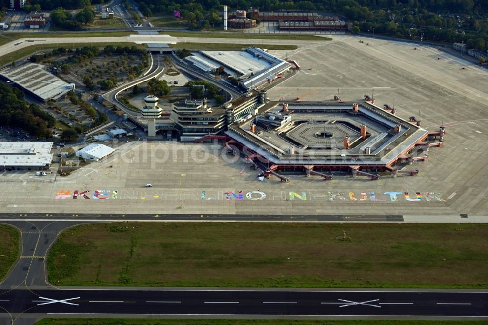 Berlin from above - Lettering #KeinBerlinohneKultur on the taxiways of the terminal on the site of the former Tegel Airport (TXL) in Berlin