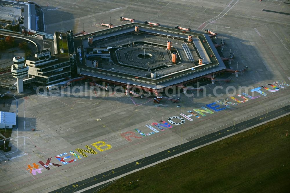 Berlin from above - Lettering #KeinBerlinohneKultur on the taxiways of the terminal on the site of the former Tegel Airport (TXL) in Berlin