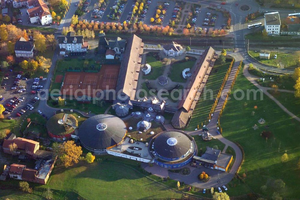 Aerial photograph Bad Salzungen - , Die Nutzung der reinen, hochprozentigen Sole-Quellen in Bad Salzungen schlägt eine Brücke zur reichen keltischen Vergangenheit in der Region um Bad Salzungen. Anschrift: Sole-Heilbad, Kurverwaltungsgesellschaft GmbH , Am Flößrasen 1, 36433 Bad Salzungen,Telefon: 0 36 95/ 69 34-0: -25, Telefax: 0 36 95/ 69 34 21; -22, e-Mail: kur.basa@t-online.de Achim Walder: