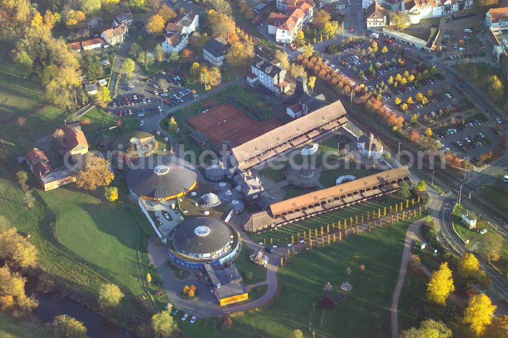 Bad Salzungen from the bird's eye view: , Die Nutzung der reinen, hochprozentigen Sole-Quellen in Bad Salzungen schlägt eine Brücke zur reichen keltischen Vergangenheit in der Region um Bad Salzungen. Anschrift: Sole-Heilbad, Kurverwaltungsgesellschaft GmbH , Am Flößrasen 1, 36433 Bad Salzungen,Telefon: 0 36 95/ 69 34-0: -25, Telefax: 0 36 95/ 69 34 21; -22, e-Mail: kur.basa@t-online.de Achim Walder: