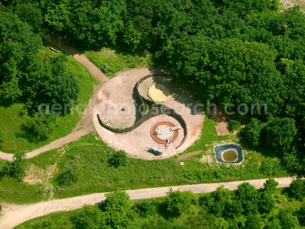 Aerial image Steinbach am Donnersberg - The Celtic Garden in Steinbach is a land of sheep and garden, home to the local plant and animal species. It extends over a 6.5 hectare area. On the site gives an insight into the lifestyle of the Celts over 3,000 years ago. Foto. Gerhard Launer