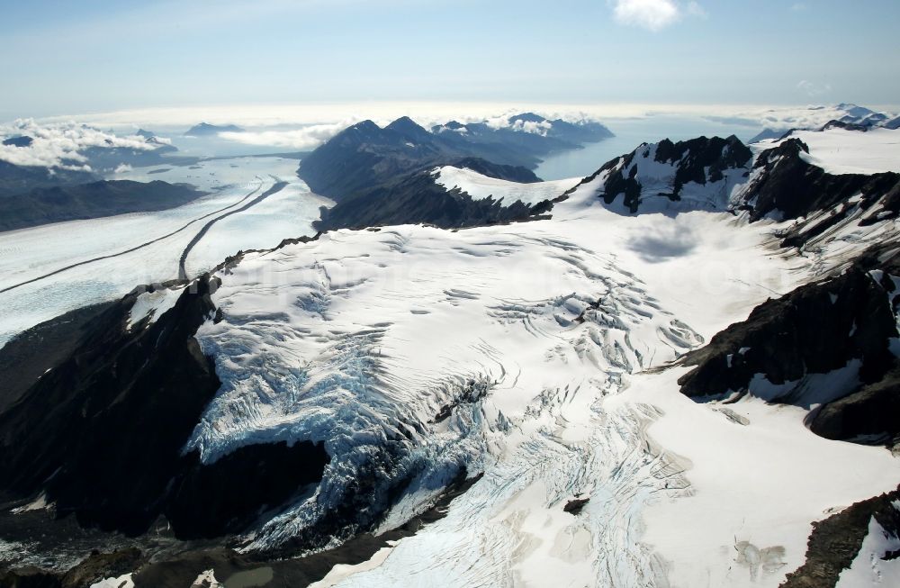 Aerial photograph Kenai Fjords National Park - Harding Icefield in the Kenai Mountains in Kenai Fjords National Park on the Kenai Peninsula in Alaska in the United States of America United States