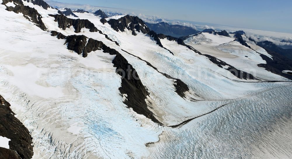 Aerial photograph Kenai Fjords National Park - Harding Icefield in the Kenai Mountains in Kenai Fjords National Park on the Kenai Peninsula in Alaska in the United States of America United States