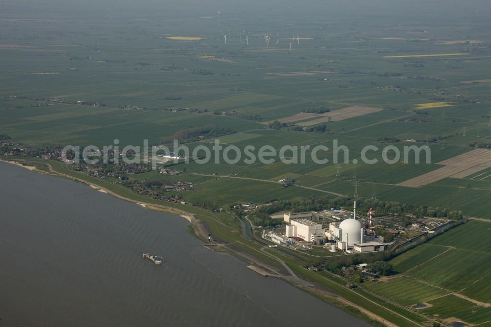 Aerial image Brokdorf - Blick auf das Kernkraftwerk in Brokdorf (KBR). Nuclear power station Brokdorf.