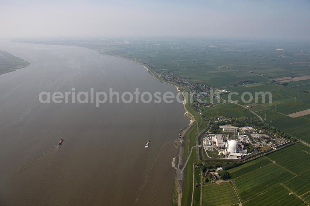 Brokdorf from the bird's eye view: Blick auf das Kernkraftwerk in Brokdorf (KBR). Nuclear power station Brokdorf.