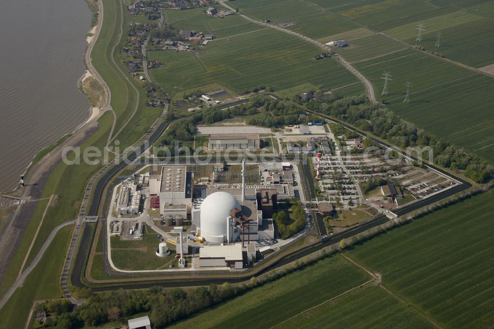 Aerial photograph Brokdorf - Blick auf das Kernkraftwerk in Brokdorf (KBR). Nuclear power station Brokdorf.