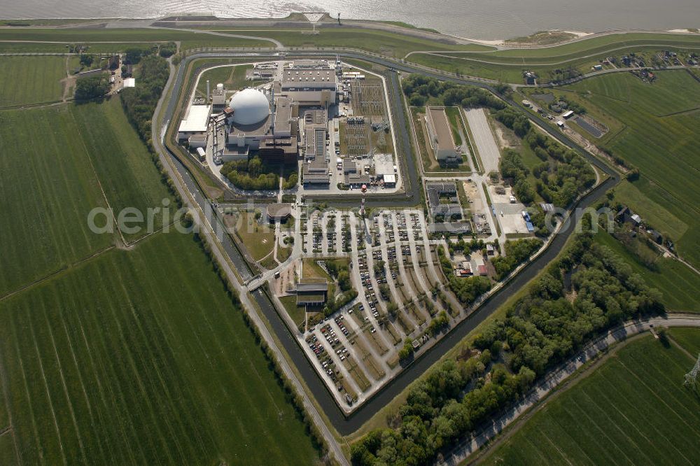 Brokdorf from the bird's eye view: Blick auf das Kernkraftwerk in Brokdorf (KBR). Nuclear power station Brokdorf.