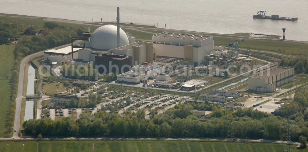 Aerial photograph Brokdorf - Blick auf das Kernkraftwerk in Brokdorf (KBR). Nuclear power station Brokdorf.