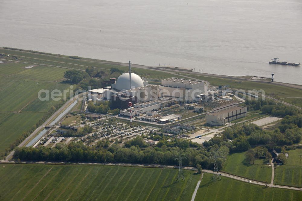 Brokdorf from above - Blick auf das Kernkraftwerk in Brokdorf (KBR). Nuclear power station Brokdorf.