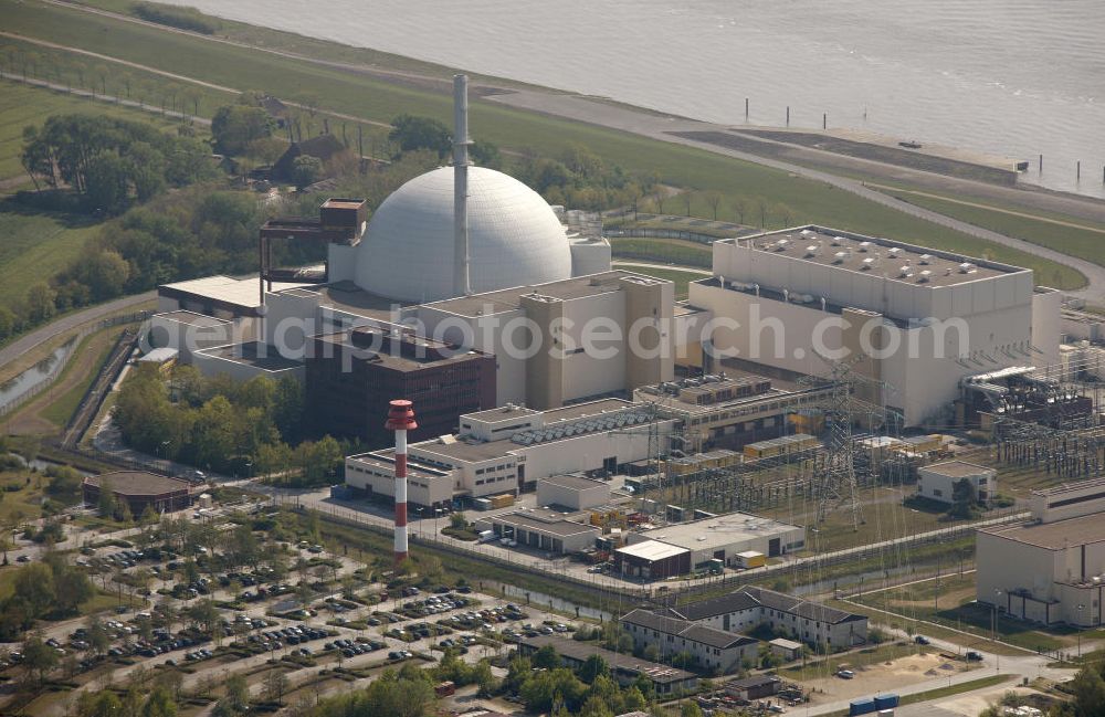 Brokdorf from the bird's eye view: Blick auf das Kernkraftwerk in Brokdorf (KBR). Nuclear power station Brokdorf.